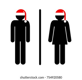 Restroom Sign For Christmas. Vector Illustration Of A Restroom Sign. Man And Woman Wearing Santa Claus Hat.