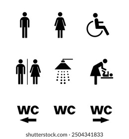 Restroom Sign Icons Set - Gender, Disability, Baby Changing, Shower WC Direction