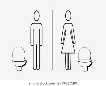 Restroom sign illustration, showing male and female stick figures on either side of a dividing line. Each figure is accompanied by a toilet, indicating facilities for men and women.