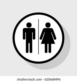 Restroom sign illustration. Vector. Flat black icon in white circle with shadow at gray background.