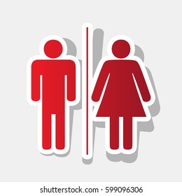 Restroom sign illustration. Vector. New year reddish icon with outside stroke and gray shadow on light gray background.