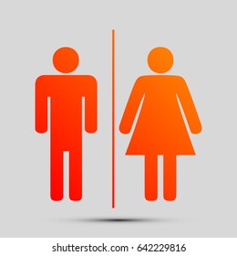 Restroom sign illustration. Vector. Orange, red-yellow icon with shadow on gray background.
