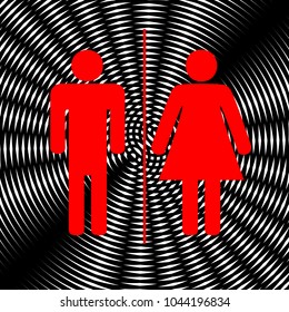Restroom sign illustration. Vector. Red icon on white and black radial interference as background.