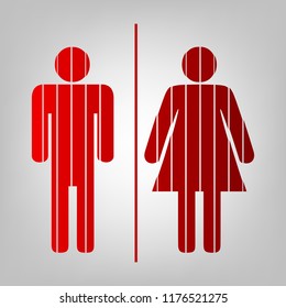 Restroom sign illustration. Vector. Vertically divided icon with colors from reddish gradient in gray background with light in center.