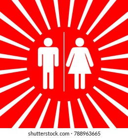 Restroom sign illustration. Vector. White icon on red sun with rays as background. Isolated.