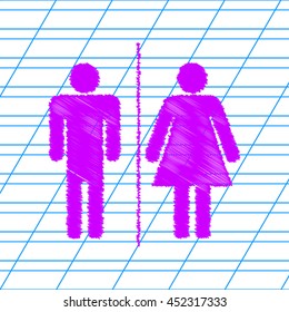 Restroom sign illustration. Violet scribble icon with school paper.