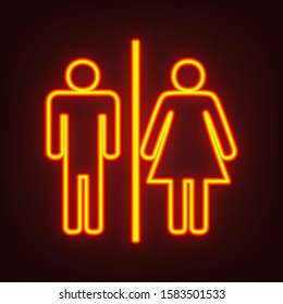 Restroom sign illustration. Yellow, orange, red neon icon at dark reddish background. Illumination. Illustration.