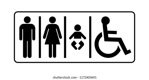 Restroom sign. Toilet sign with man, lady, baby and person with disability symbols, vector illustration.