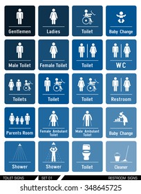 Restroom signs. Vector illustration. WC icons. Collection of toilet informational signs