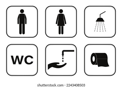 Restroom signs. WC signs. Toilet signs. Men, Women, shower room, hand washing and toilet paper icons.