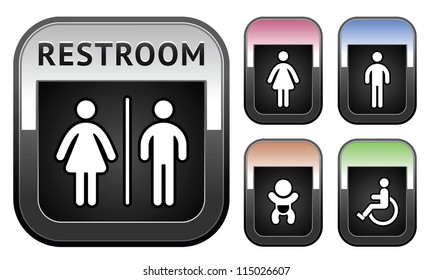 Restroom symbol, metallic button set
