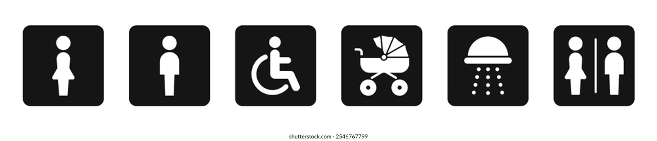 Restroom, toilet icons. Male, female disabled, children, restroom. Public toilet signs.