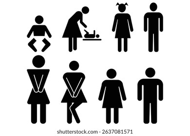 Restroom toilet male female kids baby change posture urgent pee pose icon vector illustration silhouette flat black graphic design.