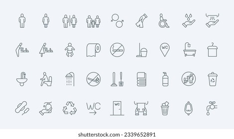 Iconos de la línea delgada del retrete e inodoro establecen la ilustración del vector. Esbozo del aseo público y de la señalización del baño, pictograma de género y accesibilidad para personas en silla de ruedas, símbolos de toalla de papel e higiene