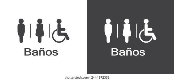 Restrooms icon in flat style. Banos icon, Man woman and disability sign and symbol, Simple of toilet icon, male and female icon vector  in black and white background.