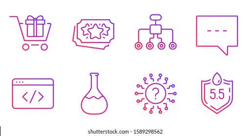 Restructuring, Blog and Chemistry lab line icons set. Shopping cart, Question mark and Loyalty points signs. Seo script, Ph neutral symbols. Delegate, Chat message. Technology set. Vector