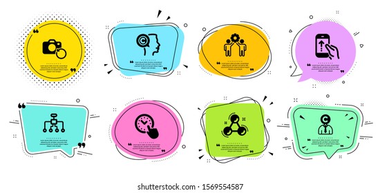Restructuring, Employees teamwork and Recovery photo line icons set. Chat bubbles with quotes. Swipe up, Writer and Time management signs. Copyrighter, Chemistry molecule symbols. Vector