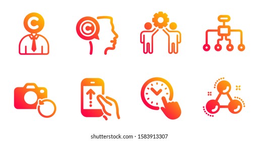 Restructuring, Employees teamwork and Recovery photo line icons set. Swipe up, Writer and Time management signs. Copyrighter, Chemistry molecule symbols. Delegate, Collaboration. Science set. Vector