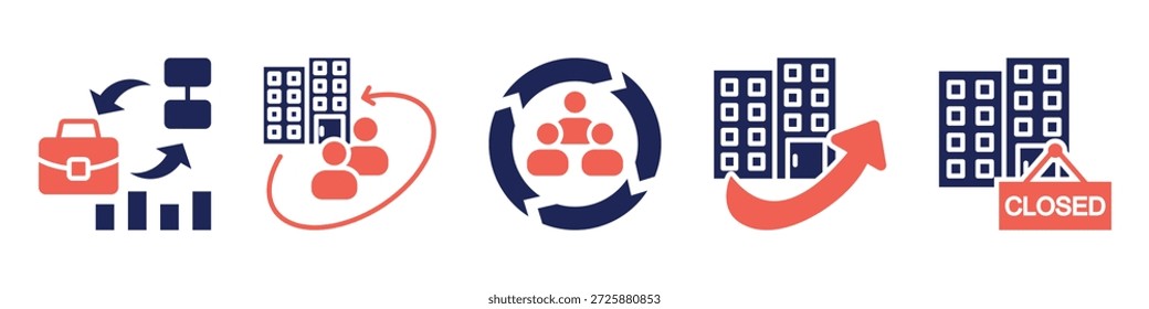 restructuring and organizational change banner web icon vector illustration featuring icons of business restructuring, corporate reorganization, organizational change, corporate adjustment, department closure.