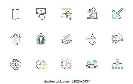 Restructuring, Search flight and Work home line icons for website, printing. Collection of Parking security, Dermatologically tested, Loyalty points icons. Balloon dart, Group. Vector