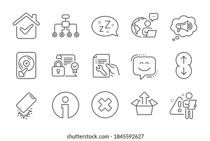 Symbole für die Umstrukturierung, für die Darstellung von Lächeln und für Sicherheitskontrakte. Schlafen, Megaphone und Hdd Schilder. Schaltfläche schließen, Box senden und Smartphone defekte Symbole. Reparieren Sie Dokument, Scroll nach unten und Info. Vektorgrafik