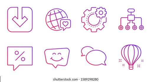 Restructuring, World brand and Discount message line icons set. Messenger, Smile chat and Cogwheel signs. Load document, Air balloon symbols. Delegate, Love. Business set. Vector