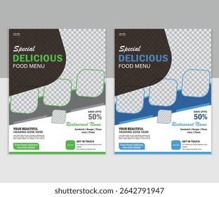 Resturent flyer desifn delicious food flyer design 50 % off green color polygon contact and more information food menu food flyer image add