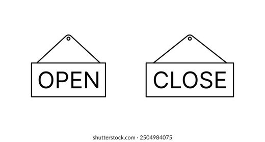 Resturent, shop, shopping mall door open and close outline icon set, Open close sign board, Vector illustration