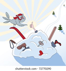 As a result of accident the skier in a heap of snow, but he is very happy. Cartoon style.