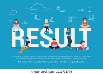 Result achievement concept vector illustration of business people using devices for working, project development and growth. Flat concept of professionals using laptop for success deals and teamwork