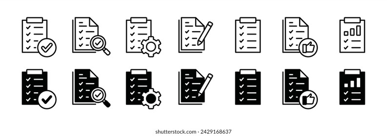 Result of business document report icon set. Containing review, data analysis, verification, checklist, quality, form. Clipboard pencil, gear, thumb up, and checkmark, magnifier. Vector illustration