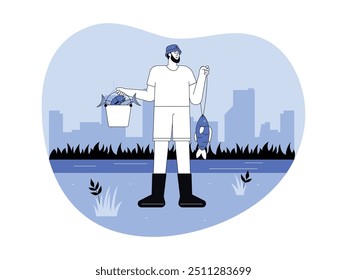 Result of catching fish in river, water, blue, semi outline style, fishing vector illustration.