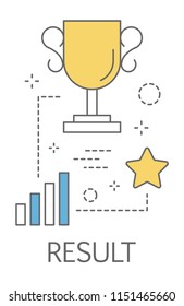 Result concept. Winning in competition. Getting reward or prize for achievement. Goal, inspiration. hard work and success. Line icon set with trophy cup and star. Isolated flat vector illustration