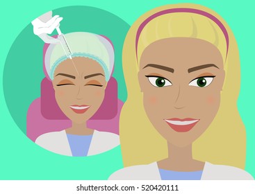The result of cosmetic  botulotoxin injection procedures wrinkles on the forehead.The client in the chair of the cosmetician.Vector illustration.