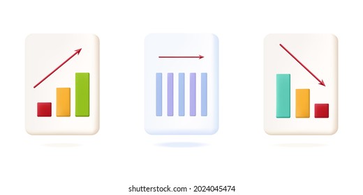 Result of graphs of growth, loss and stability 3d. Chart set, dynamics of development and process performance. Business analysis paper document, rate of indicators. Concept of a report, audit. Vector