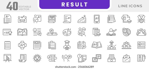 Result line icon set. Audit, analysis, plan, evaluation, quality process, result, professional, education, goal, progress, success, motivation line icon set. UI thin line icon pack.