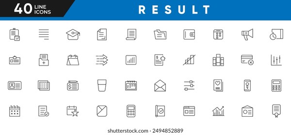 Result line icons set. Laboratory, scientist, equipment, infographics, analysis, skills, advice, support, agreement, document, school, supplies, outline icons collection. Ui thin icons pack.