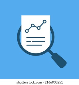 result monitoring like cartoon review with magnifier icon. concept of key performance indicator or business visualisation. flat style trend graphic design budget logotype web element isolated on blue