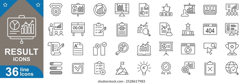 Conjunto de iconos de esquema de resultados. Éxito, error, advertencia, completado, cancelado, fallido, pendiente, procesamiento, omitido y más. ilustrador de Vector.