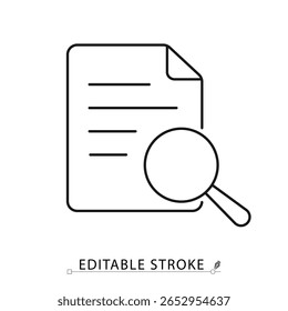 Um ícone de revisão de resultado em estilo minimalista com traçado editável. Inspeção de documentos, ferramenta ampliadora, análise de arquivos, avaliação de relatórios, verificação de dados, pesquisa em papel, ilustração vetorial de tópicos.