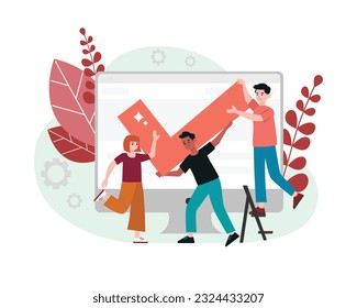 Result of teamwork. Successful completion of project. Getting promotion at work. Group of young people celebrate their achievement. Color vector illustration