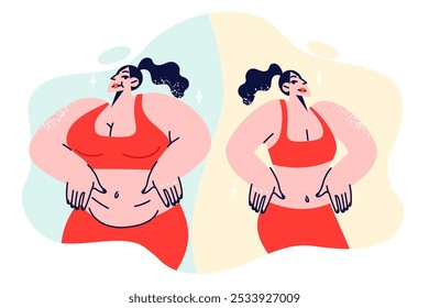 Result weight loss for fat woman who got rid of extra pounds thanks to diets and fitness. Progress in weight loss for slender girl, proud of perfect body earned through hard effort 