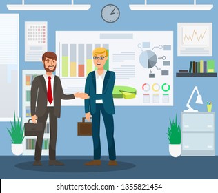 Resultative Job Interview Flat Color Illustration. Employer and Candidate in Formal Clothes Cartoon Characters. Men Discussing Contract of Employment. Recruitment, Business Meeting, Handshake