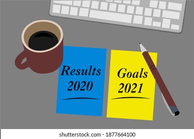 Results 2020 and Goals 2021 - reports and plans on the desktop. Business New Year concept - 2021 is replacing 2020 year
