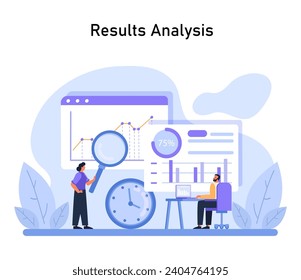 Results Analysis depiction. Experts scrutinize project outcomes using data visualization, marking a critical evaluation stage in the Design Thinking process. Flat vector illustration