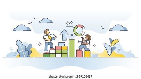 Results analysis and statistic graph for business progress outline concept. Chart and diagrams with financial data for company accounting vector illustration. Presentation and report for development.