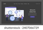 Results Analysis web or landing. Experts scrutinize project outcomes using data visualization, marking a critical evaluation stage in the Design Thinking process. Flat vector illustration