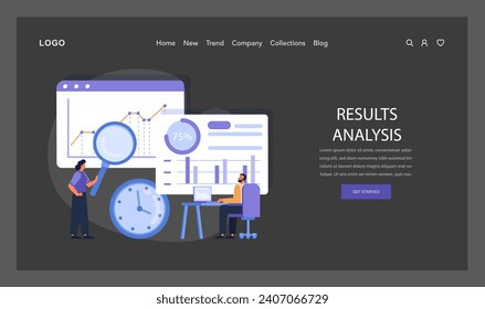 Results Analysis web or landing. Experts scrutinize project outcomes using data visualization, marking a critical evaluation stage in the Design Thinking process. Flat vector illustration