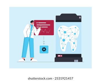 Resultados de um abrangente check-up de saúde dentária com tecnologia avançada, ilustração vetorial de um dentista.