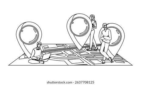 results local pack vector. business listing, map optimization, seo results local pack character. people black line pencil drawing illustration
